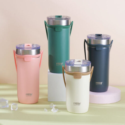 Ly giữ nhiệt khắc tên TYESO Tumbler có quai xách bằng silicone và ống hút kèm theo