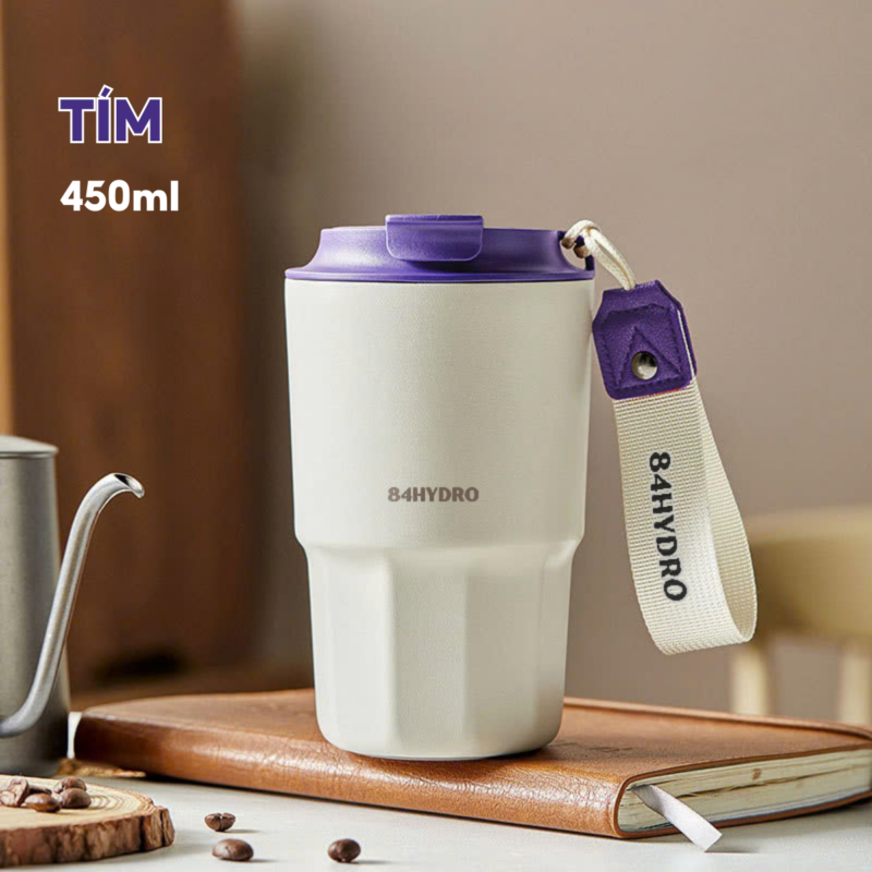 Ly giữ nhiệt cà phê 84C450C, Tím mộng mơ, Lõi inox 316, Tráng sứ, Dung tích 450ml