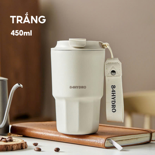 Ly giữ nhiệt cà phê 84C450C Trắng Kem, lõi inox 316, tráng sứ, dung tích 450ml