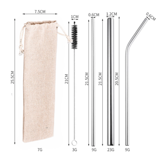 Ống hút Inox 304 (thép không gỉ) kèm cọ rửa và túi vải, sử dụng nhiều lần, thân thiện với môi trường