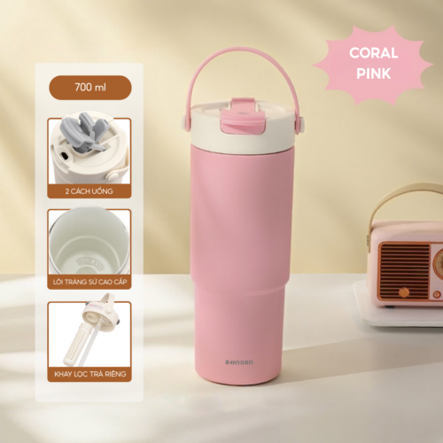 Ly giữ nhiệt tráng sứ cao cấp 84F700C, 700ml, inox 316, giữ nhiệt 8-12h, khắc tên theo yêu cầu - Coral Pink