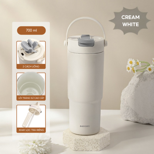 Ly giữ nhiệt tráng sứ cao cấp 84F700C, 700ml, inox 316, giữ nhiệt 8-12h, khắc tên theo yêu cầu - Cream White