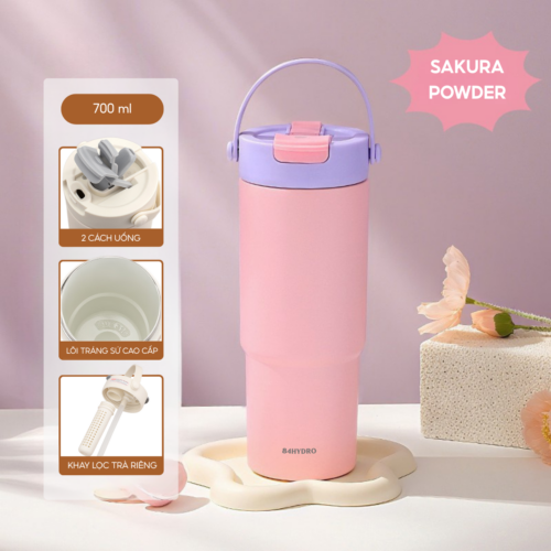 Ly giữ nhiệt tráng sứ cao cấp 84F700C, 700ml, inox 316, giữ nhiệt 8-12h, khắc tên theo yêu cầu - Sakura Powder