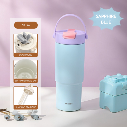 Ly giữ nhiệt tráng sứ cao cấp 84F700C, 700ml, inox 316, giữ nhiệt 8-12h, khắc tên theo yêu cầu - Sapphire Blue